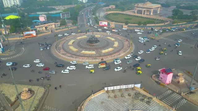 Aerial View of Busy Urban Traffic Roundabout in Lucknow India