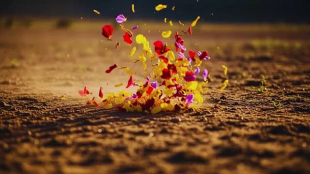 Colorful Flower Petals Exploding on Dry Desert Ground