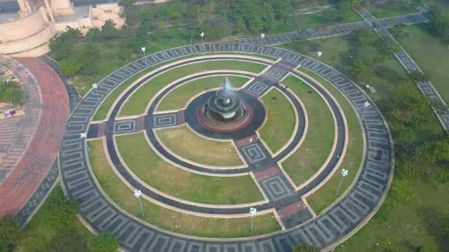 Aerial Top Down View of Circular Fountain in Urban Park