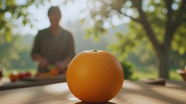 Fresh Whole Orange on Wooden Table in Sunlit Outdoor Orchard
