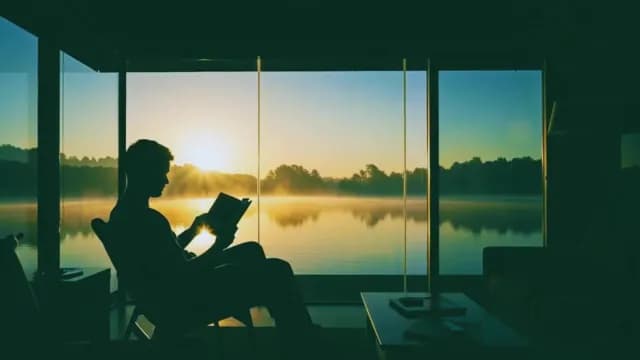 Man Reading Book by Window During Sunrise Over Lake