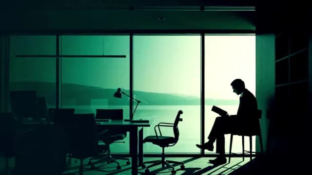 Silhouette of Businessman Reading in Modern Office Overlooking Lake