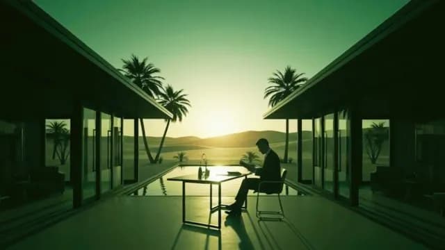Businessman Working at Remote Desert Oasis During Golden Sunset