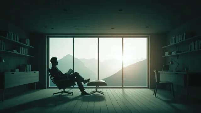 Silhouette of Man Reading in Minimalist Office with Mountain View