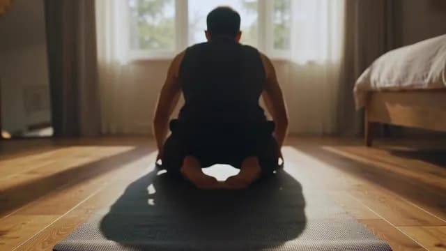 Man Practicing Morning Yoga on Mat in Sunlit Bedroom