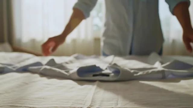 Man Folding Blue Shirt on Bed in Bright Sunlit Bedroom