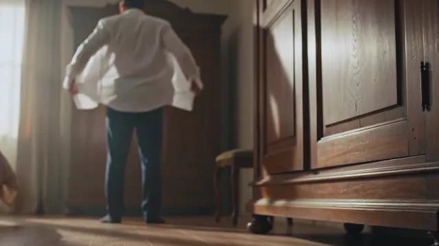 Man Dressing in White Shirt Before Antique Wardrobe