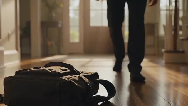 Man Walking Past Backpack on Sunlit Hardwood Floor