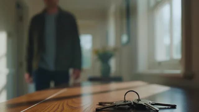 House Keys on Wooden Table with Blurred Man in Background