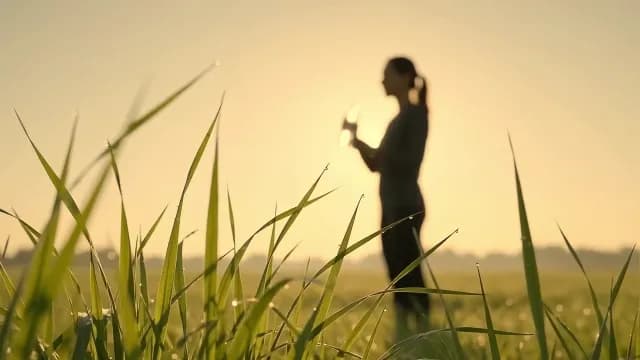 Silhouette of Woman Drinking Water in Grassy Field at Sunrise