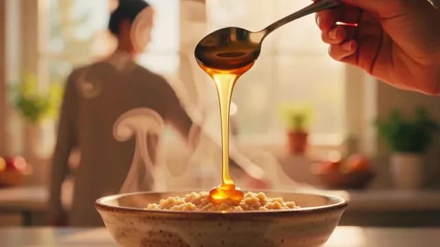 Golden Honey Pouring Onto Steaming Hot Oatmeal Bowl for Breakfast