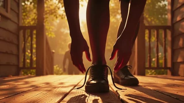 Person Tying Black Sneakers on Wooden Porch at Golden Hour