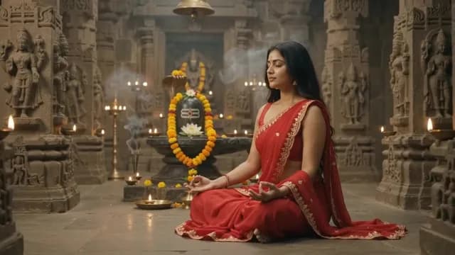 Woman Meditating in Ancient Hindu Temple Near Shiva Lingam