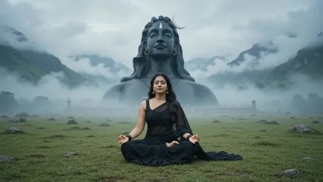 Woman Meditating at Adiyogi Shiva Statue in India