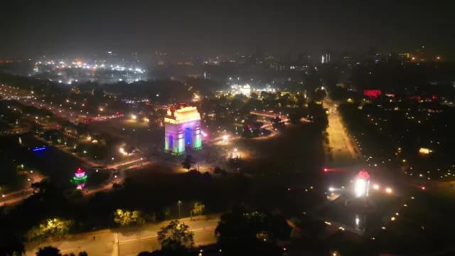 Aerial Night View of Illuminated India Gate in New Delhi