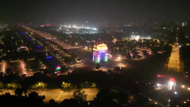 Aerial Night View of India Gate Illuminated in Tricolor