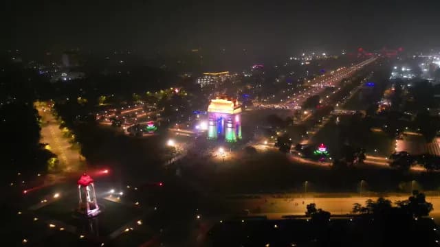 Aerial Night View of India Gate Monument in New Delhi