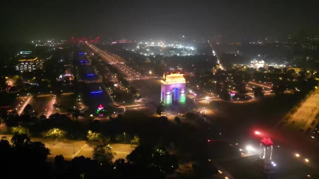 Aerial Night View of Illuminated India Gate in New Delhi