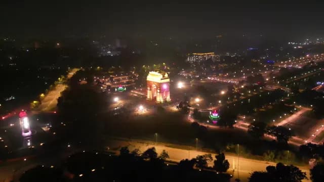 Aerial View of Illuminated India Gate at Night in New Delhi