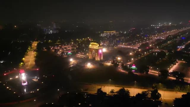 Aerial Night View of India Gate and Rajpath in New Delhi