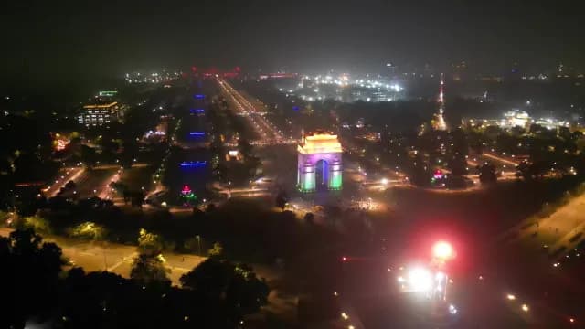 Aerial Night View of India Gate Illuminated in Tricolor New Delhi