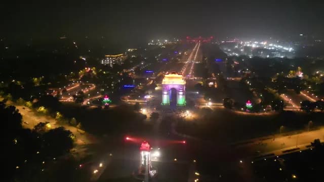Aerial Night View of India Gate Illuminated in Tricolor New Delhi