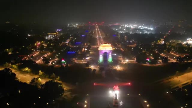 Aerial Night View of Illuminated India Gate in New Delhi