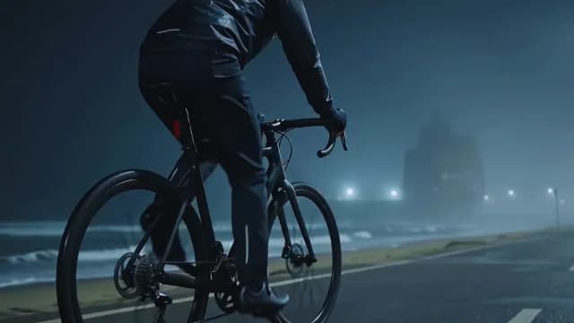 Professional Cyclist Training on Coastal Road During Misty Night