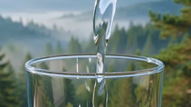 Fresh Water Pouring into Glass with Mountain Forest Background
