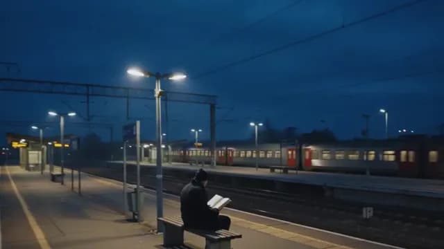 Man Reading Book on Empty Train Station Platform at Night