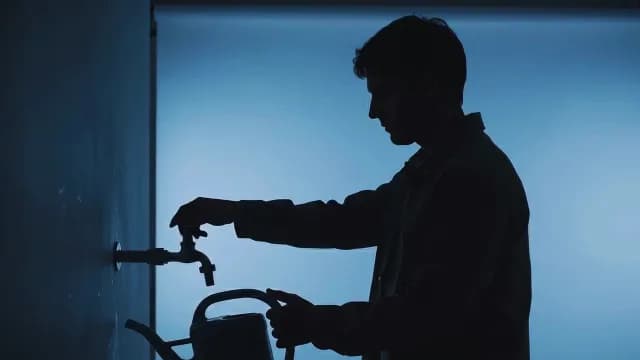 Silhouette of Man Filling Watering Can from Wall Faucet