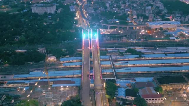 Aerial View of Illuminated Ram Jhula Bridge and Nagpur Railway Station