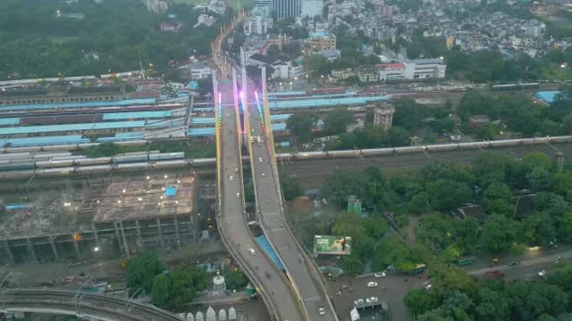 Aerial View of Ram Jhula Cable-Stayed Bridge in Nagpur at Dusk