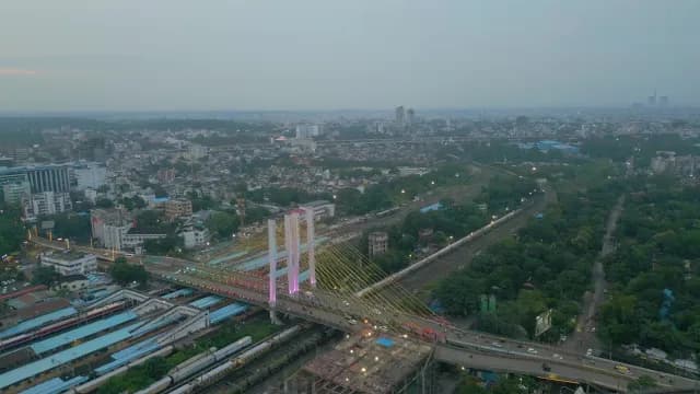 Aerial View of Illuminated Cable-Stayed Bridge in Nagpur at Twilight