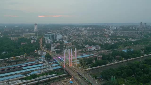 Aerial View of Illuminated Ram Jhula Bridge in Nagpur at Dusk