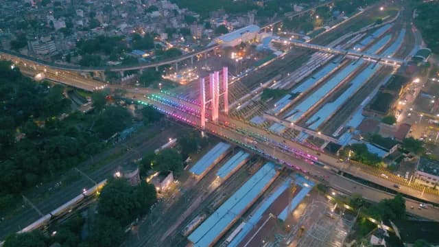 Aerial View of Illuminated Cable Bridge in Nagpur