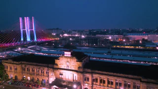 Aerial View of Nagpur Railway Station and Illuminated Ram Jhula Bridge