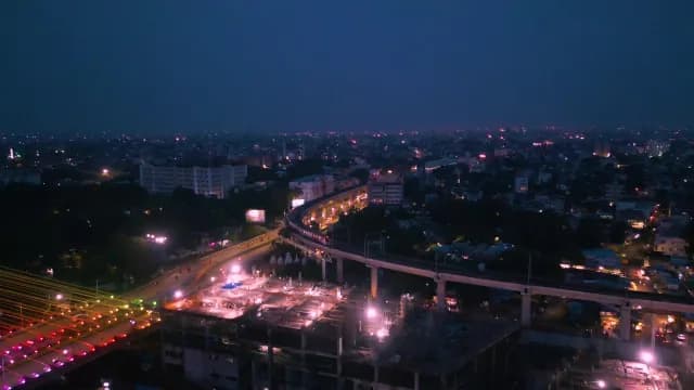 Aerial Night View of Nagpur Railway Station and Illuminated Ram Jhula Bridge