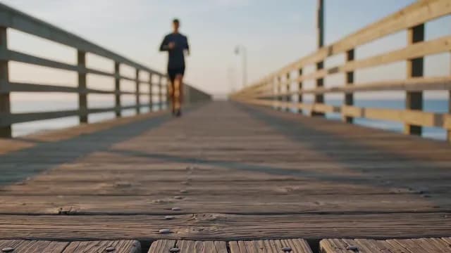 Man Running on Coastal Wooden Pier at Sunrise