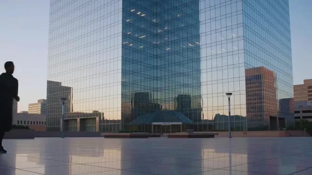 Runner Silhouette Jogging Past Modern Glass Skyscraper at Sunset