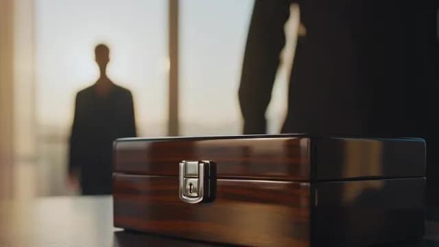 Luxury Wooden Box Foreground with Business Meeting Silhouettes