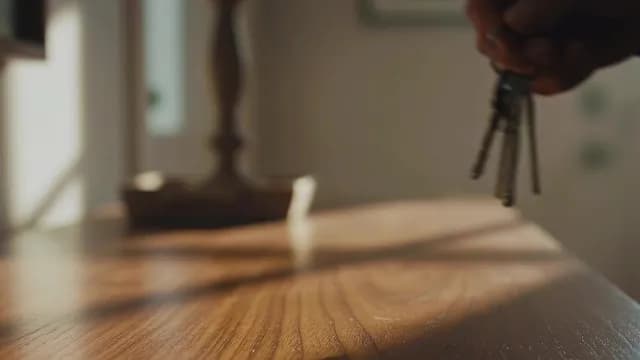 Close-Up of Hand Keeping Keys over Wooden Table