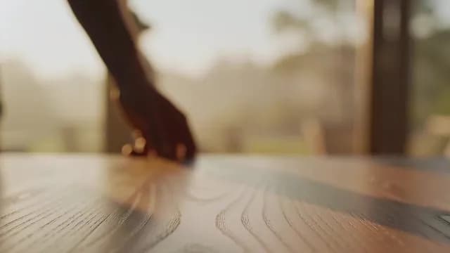Close Up of Hand Keeping a Ceramic Plate on Polished Wood Table in Golden Hour