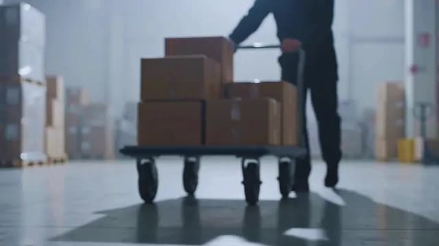 Warehouse Worker Pushing Trolley with Cardboard Boxes for Logistics
