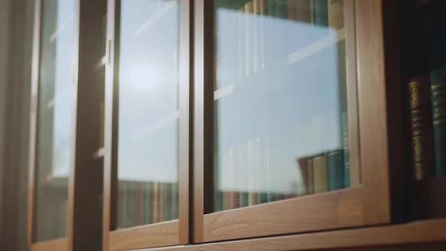 Opening a Sunlit Classic Wooden Bookshelf with Glass Doors and Reflections