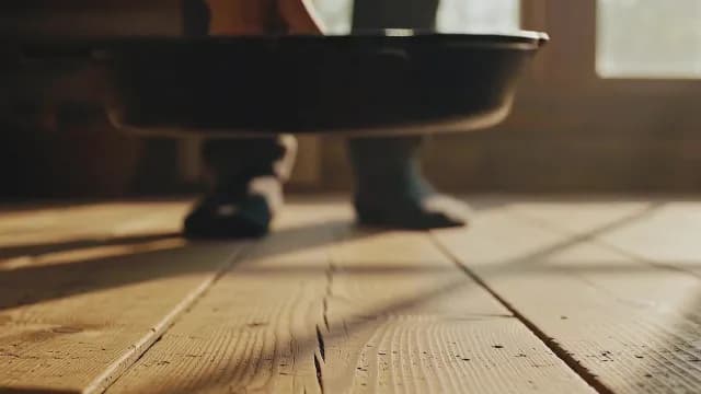 Person Keeping Cast Iron Skillet on a Sunlit Rustic Floor
