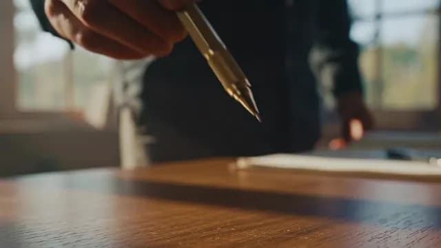 Close-Up of Hand Keeping a Fountain Pen over Wooden Desk