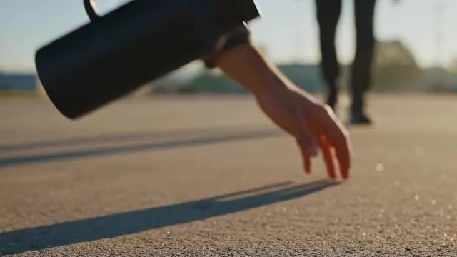 Person Reaching for Water Bottle on Asphalt During Golden Hour
