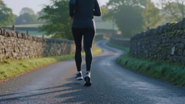 Woman Jogging on Scenic Winding Rural Road at Sunrise