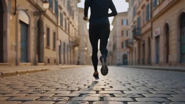 Man Jogging on Cobblestone Street at Sunrise